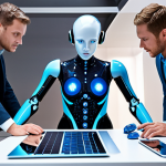 A company integrating AI into its core business model, showing employees collaborating with AI tools and analyzing data-driven insights to improve customer experience. The scene should be futuristic yet practical, emphasizing the human-AI collaboration.