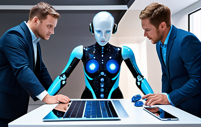 A company integrating AI into its core business model, showing employees collaborating with AI tools and analyzing data-driven insights to improve customer experience. The scene should be futuristic yet practical, emphasizing the human-AI collaboration.